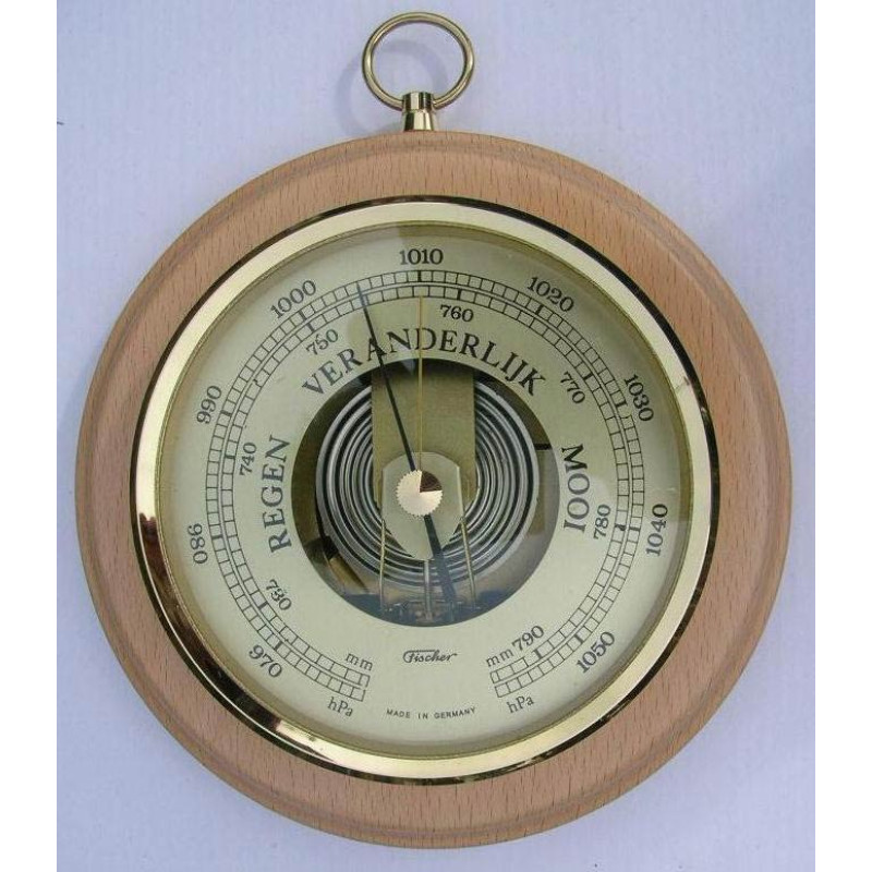 Blank houten barometer rond Fischer